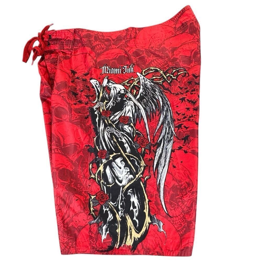 Miami Ink Sz 36 Skull Board Shorts Swim Trunks Swim Men's Red White Reaper